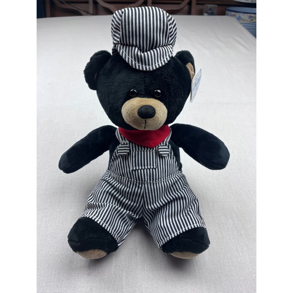 Wishpets 12 Inch Charlie Black Bear Train Conductor Plush Striped Overalls Hat